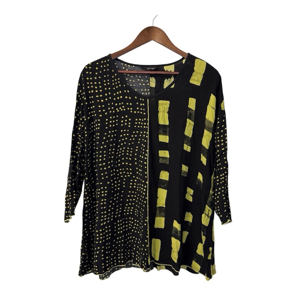 Ali Miles blouse women's OS black chartreuse dots squares art boho lagenlook